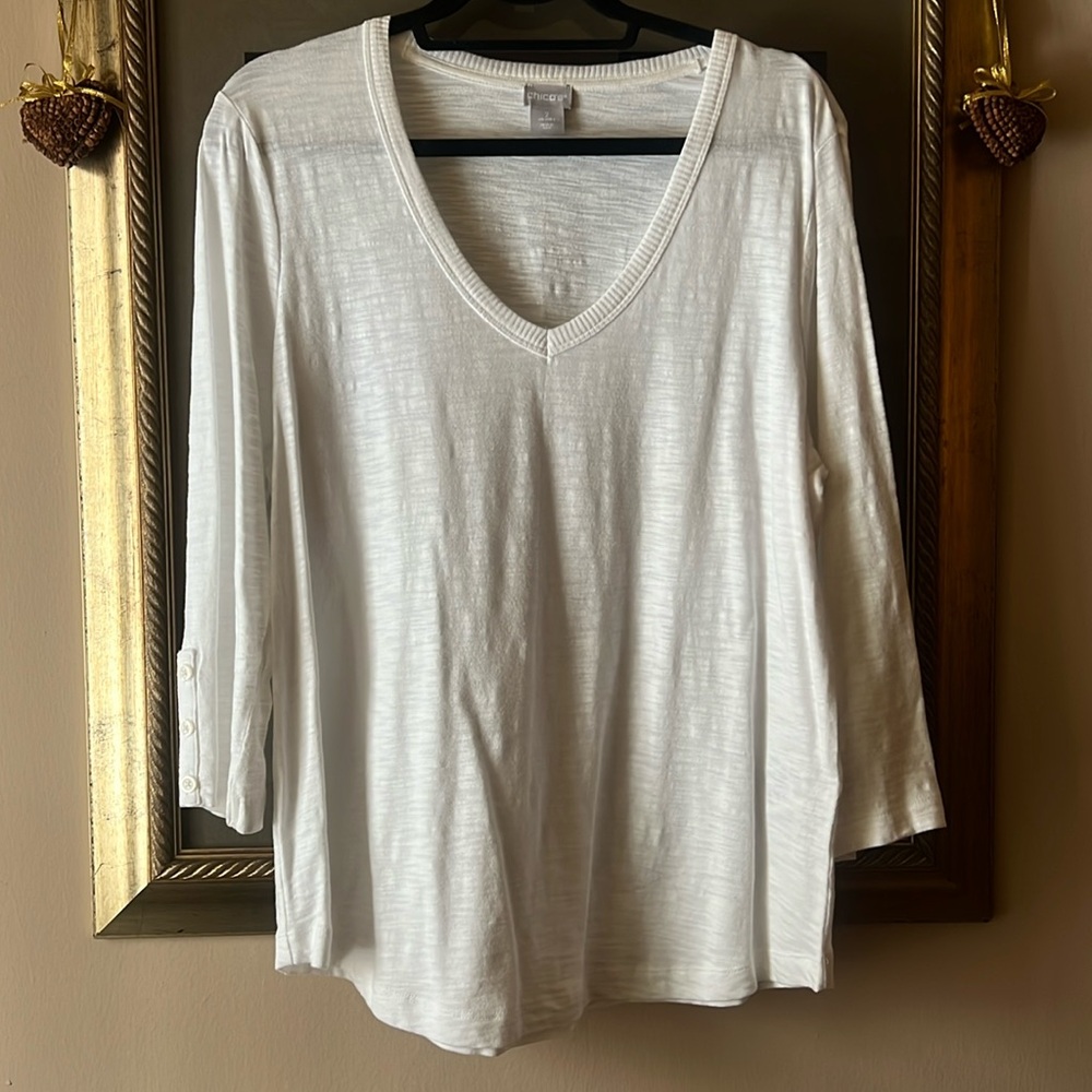 Chico’s White Tee Tunic 3/4 Sleeves V Neck 2 (Large)